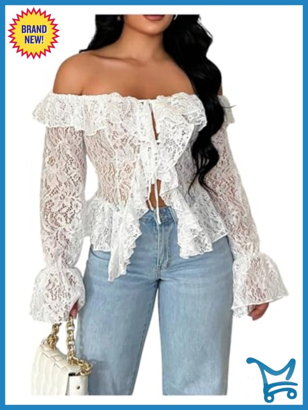 Off Shoulder Lace Blouse Ruffle Slit Hem Flare Long Sleeve Top